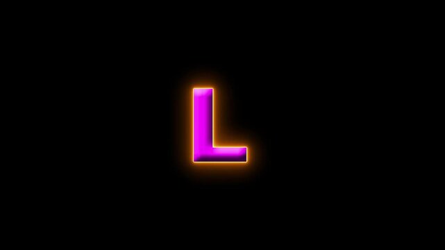 Futuristic Typography Symbol of Luminous Neon Alphabet L 4k Animation on Black Background. Glowing Letter form with Bright Pink and Orange Light, Digital Character a Creative Graphic Element animation