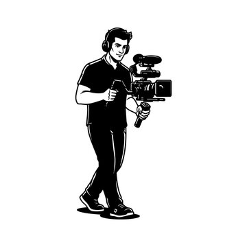 Dedicated cameraman operating a modern video camera on a stabilizer, wearing headphones for audio monitoring, presented as a clear and striking black and white vector graphic