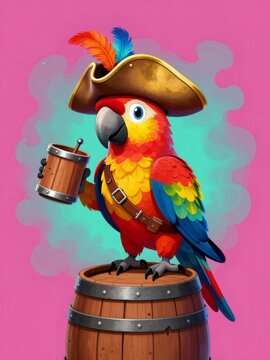Pirate parrot character holding drink on barrel