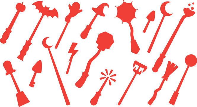 Set of hand drawn red magic wands and wizard staffs isolated on a white background