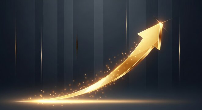 A glowing golden arrow rising upwards against a dark background representing business success growth financial progress and positive market trends