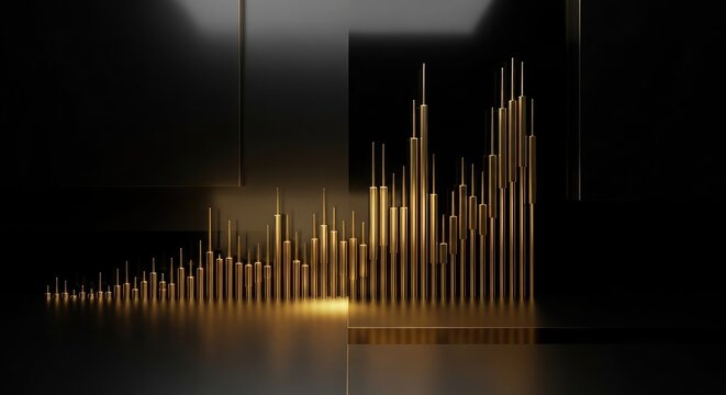 Abstract artistic installation featuring vertical golden light rods arranged in a row against a dark background creating a rhythmic pattern