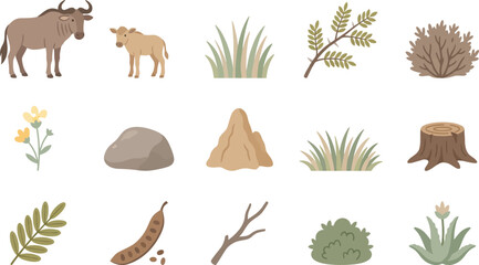 Set of cute African savanna animal and nature icons in flat scandinavian style for children design projects © KhadizaAkter