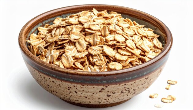 Bowl filled with natural oat flakes, isolated on white background, healthy breakfast concept