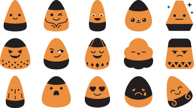 A collection of cute hand drawn candy corn characters with funny faces isolated on a white background for a fun halloween design