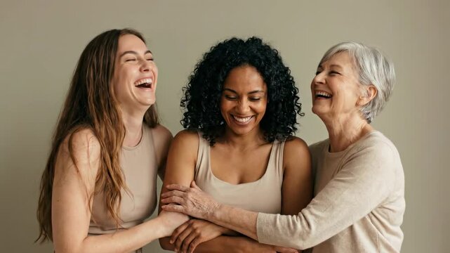 Close eye level motion scene of three women standing shoulder to shoulder in warm neutral studio, laughing with heads tilted inward, eyes partly closed, hands and forearms overlapping in relaxed joy