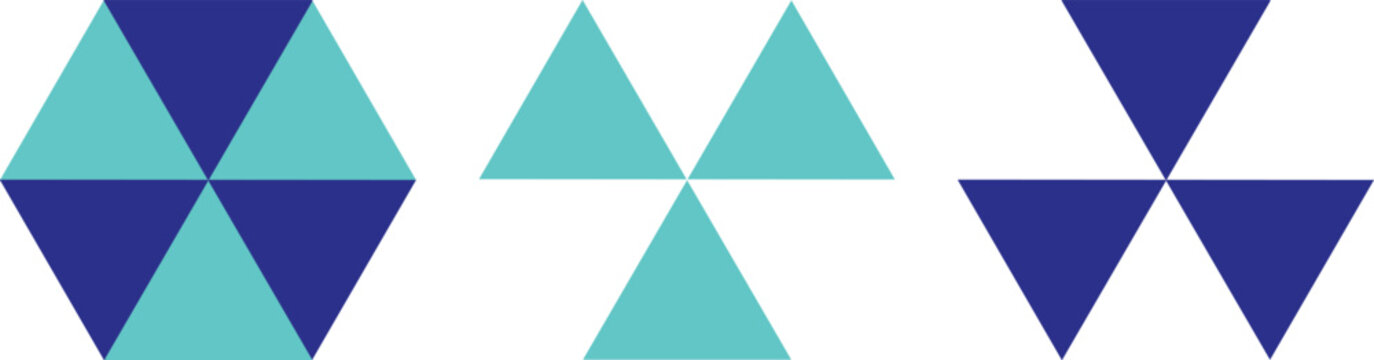 Geometric triangle logo set, abstract hexagonal symmetry icons in blue and teal colors. Minimalist corporate branding elements, modern trifolium vector shapes for technology and science.