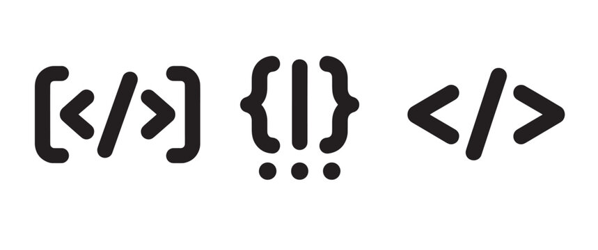 A set of three black featuring code brackets with a slash, curly brackets with an exclamation mark and dots, and angle brackets on a white background