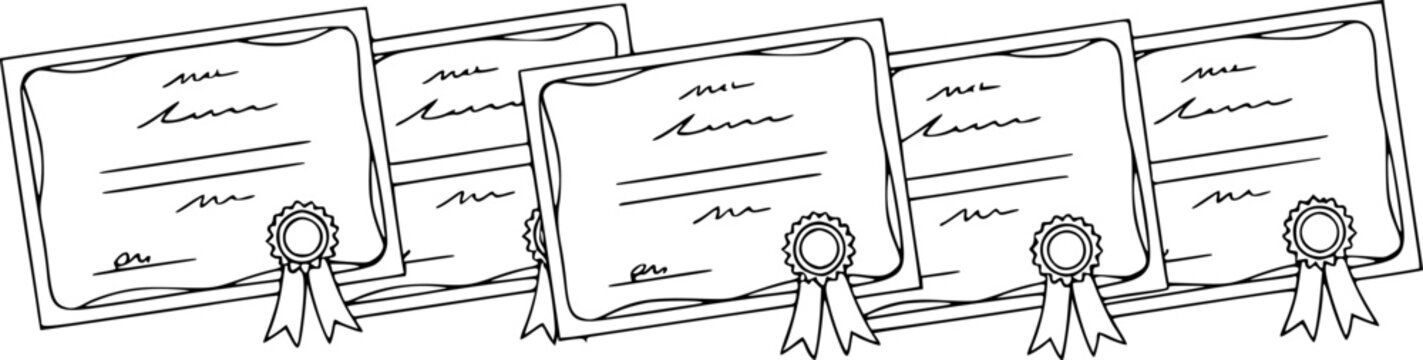 Una fila de cinco plantillas de certificados en blanco con sellos decorativos y cintas en un estilo simple de l&iacute;nea en blanco y negro