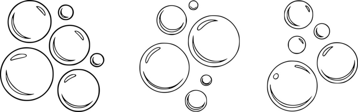 Un conjunto de tres grupos de burbujas de l&iacute;nea simple en blanco y negro aisladas sobre un fondo blanco limpio