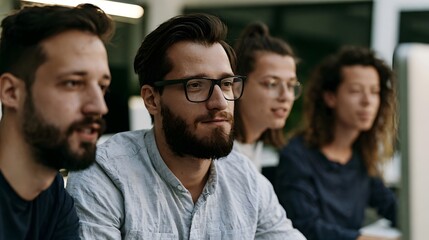 Obraz premium Four people seated side by side in an office setting looking forward attentively during a meeting or presentation