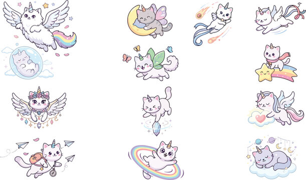 Cute Unicorn Cat Vector Sticker Set with Magical Flying Caticorn Characters, Rainbows, Wings, Moon, and Stars for Kids Design
