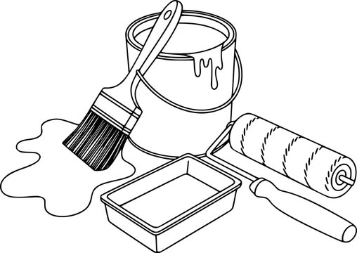 L&iacute;nea en blanco y negro de herramientas de pintura que incluyen un cubo de pintura, un pincel, un rodillo y una bandeja