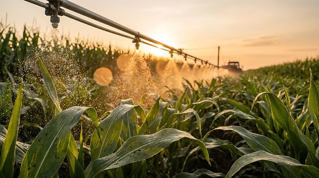 Automated farming nampa irrigation system spraying crops in a corn field during a golden hour sunset in idaho state