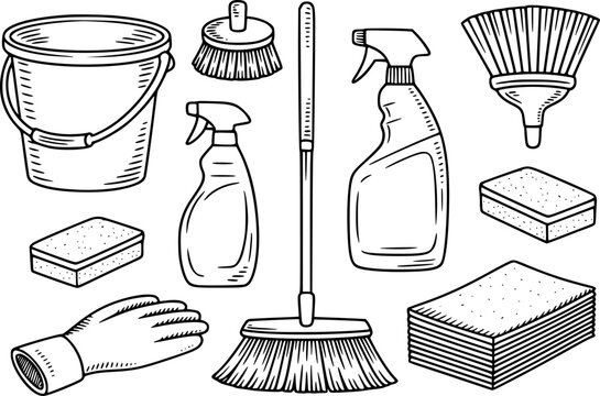 Colecci&oacute;n dibujada a mano de suministros de limpieza para el hogar que incluye cubo, escoba, botellas de spray, esponjas y guantes de goma