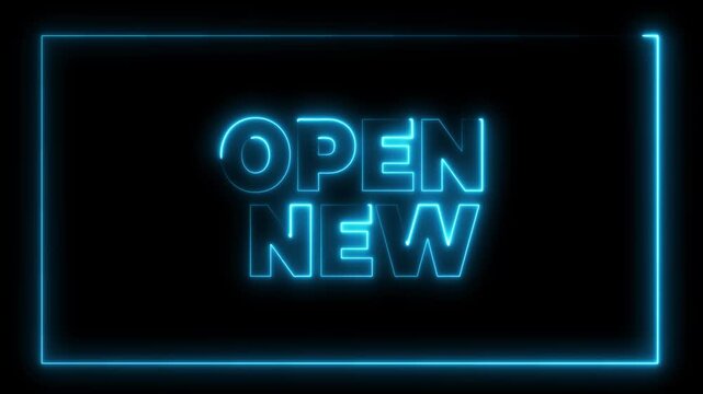 Glowing neon sign pink and blue text filck now open with star shape isolated on black background.Neon Sign Announces Business Is Open.