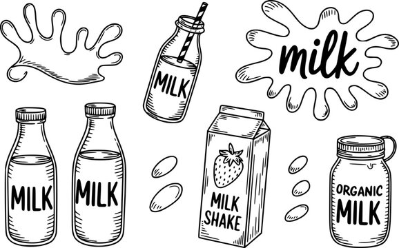 Conjunto de garabatos dibujados a mano que presenta varias botellas de leche, un cart&oacute;n de batido de fresa y salpicaduras de l&iacute;quido
