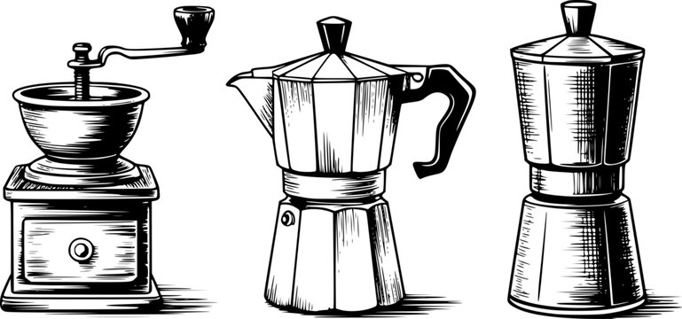 Conjunto dibujado a mano de molinillo de caf&eacute; vintage y dos cafeteras moka italianas cl&aacute;sicas en negro