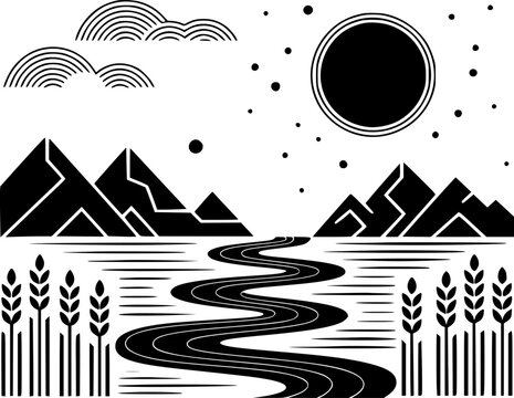 Paisaje minimalista en blanco y negro con monta&ntilde;as, un r&iacute;o sinuoso y campos de trigo estilizados