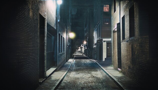 security surveillance camera footage of a dark narrow city alleyway at night with vintage recording overlay