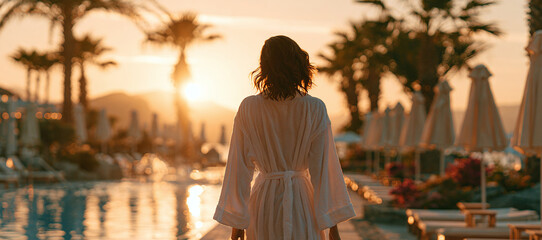 Naklejka premium Woman in white robe walking past a swimming pool at a luxurious resort during a vibrant sunset, with palm trees and lounge chairs in the background, exuding peace and elegance