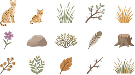 Set of cute serval cat illustrations with wild nature elements like grass, rocks, and leaves in scandinavian style © KhadizaAkter