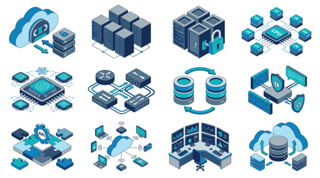 Isometric Technology Network Server Infrastructure Concept.