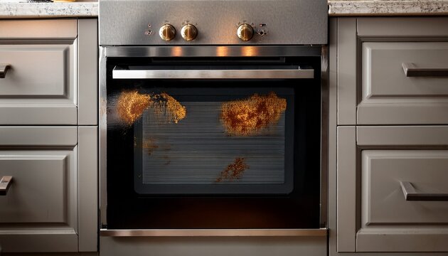 grease stains on oven door in modern kitchen interior