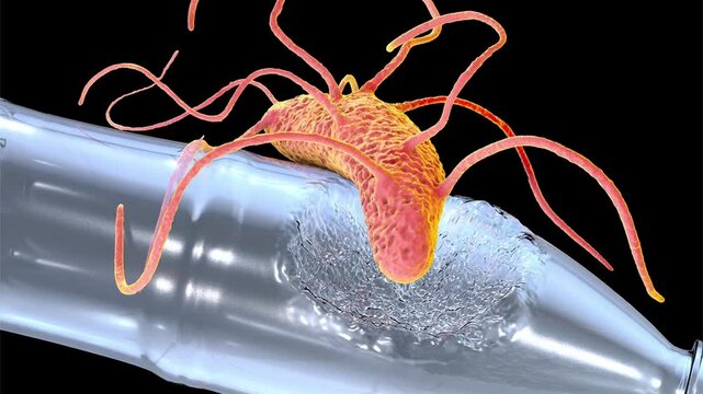 Ideonella sakaiensis bacterium attached to plastic bottle surface, 3D animation illustrating PET biodegradation and microbial plastic recycling biotechnology.