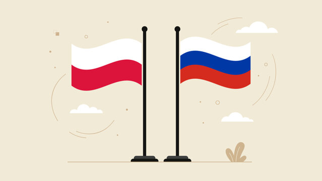 Russia And Poland Flags On Elegant Black Poles Minimalist Diplomatic Vector Art