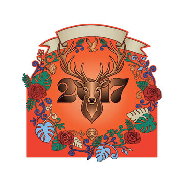 artwork featuring the number 2027 integrated with an elegant deer head and large symmetrical antlers. Keep the layer structure perfectly organized, using smooth geometric paths and crisp outlines