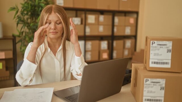 Woman with hands to temples at laptop surrounded by parcels in a small office building; stress productivity entrepreneurship.