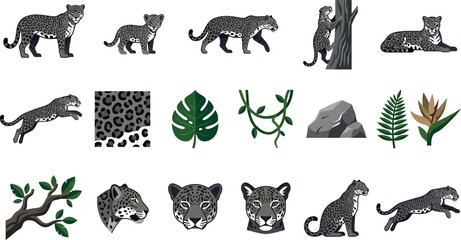 Set of flat vector icons featuring black leopards in various poses with jungle foliage and tropical environment © KhadizaAkter