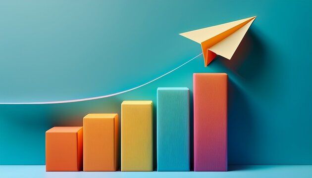 colorful ascending bar chart made of six rectangular blocks with a paper airplane and upward arrow above symbolizing growth progress and success in a creative minimalistic style