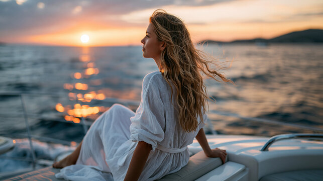 Candid style photography capturing the essence of luxury relaxation. A woman with long, wavy blonde hair, viewed from behind, sitting on the aft deck of a moving yacht. She is wear