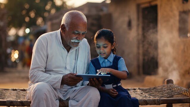 Grandfather and Schoolgirl Using Tablet &ndash; Bridging the Digital Divide