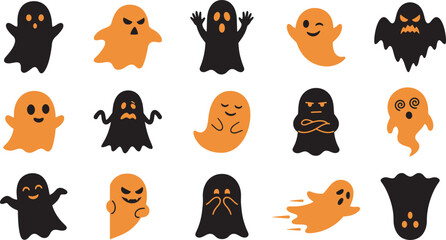 Fototapeta premium A collection of cute black and orange ghost stickers featuring various spooky expressions for creative halloween party decorations and festive seasonal crafts