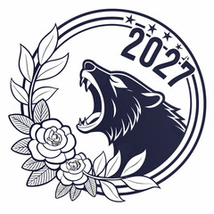 Naklejka premium badge showing the number 2027 inside a circular emblem with a roaring bear head at the center. Floral garlands made of peonies and leafy branches placed evenly on the left and right. Clean edited