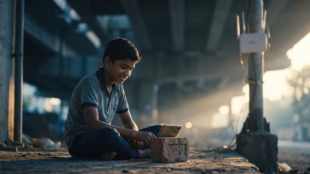 Boy Studying Online Under Bridge &ndash; Digital Education and Determination