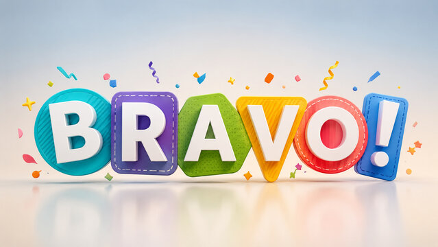 Colorful 3d bravo text typography design with party confetti and streamers.