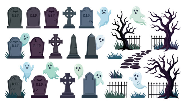 Collection of various tombstones, gravestones, and friendly ghosts are depicted alongside spooky bare trees, fences, and a stone path, ideal for Halloween design elements.