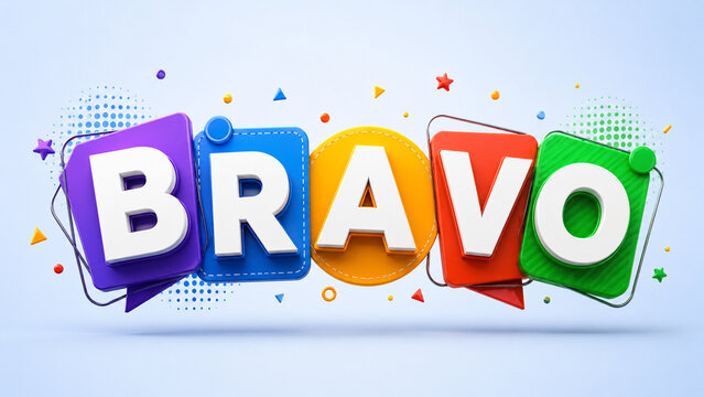 Colorful 3d bravo text typography design with party confetti and streamers.