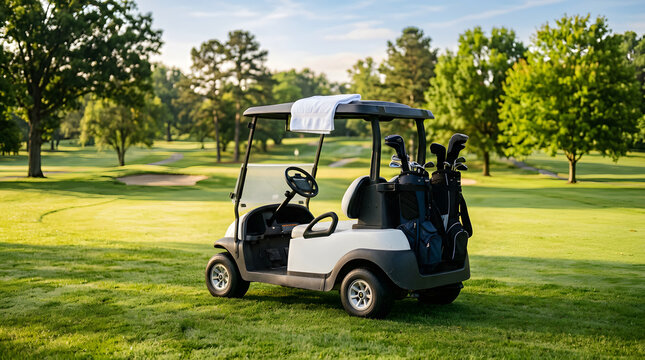 White golf cart parked on a green course. Electric vehicle for golfers on a sunny fairway.