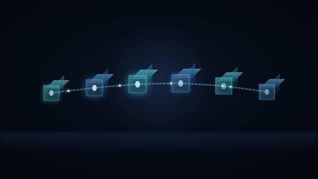 Server nodes connected by a series of glowing blue dashed lines illustrate a distributed network architecture operating within a vast and dark digital environment for cloud computing.