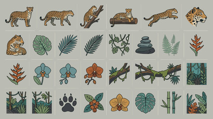 Set of jaguar wild cat icons and lush tropical jungle landscape elements in a modern flat vector illustration art © KhadizaAkter