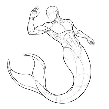 Hand drawn sketch of full body male mermaid dodging evasion pose isolated. Black line art illustration.