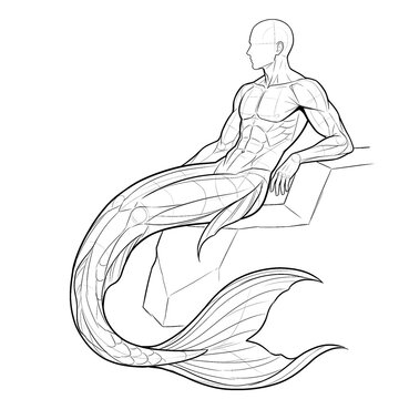 Hand drawn sketch of full body male mermaid sitting sideways elegant drape. Black line art illustration.
