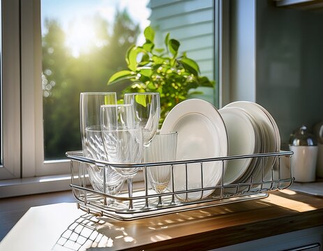 clean white dishes and glassware drying in a metal rack by window