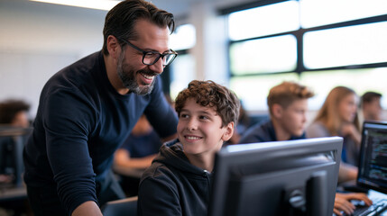 Obraz premium In a brightly lit modern computer science classroom a young male teacher with glasses stands beside a student's computer monitor smiling while explaining coding concepts on the scr