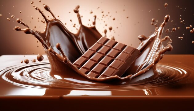 chocolate bar with dynamic splash of liquid chocolate against a smooth gradient background symbolizing indulgence creativity and sensory richness